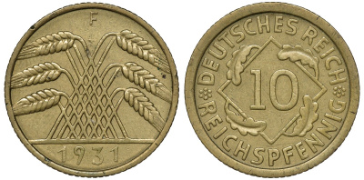 ГЕРМАНИЯ 10 РЕЙХСПФЕННИГОВ 1931 F цена по каталогу МТ 45 евро J. 317, KM 40 алюминиевая бронза 72-1725
