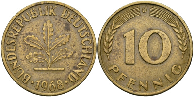 ФРГ 10 ПФЕННИГОВ 1968 D KM 108, J. 383 сталь плакированная латунью 540-735