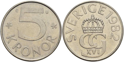 Швеция 5 крон 1982 U, Карл XVI Густав (1973- ) KM 853 медно-никель 4517-522