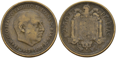 Испания 2,5 песета 1953 (54) Франсиско Франко (1939 - 1975) KM 785 алюминиевая бронза 4187-1132