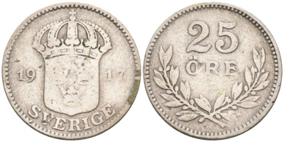 Швеция 25 эре 1917 W, Густав V (1907-1950) KM 785 серебро 4380-114