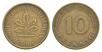 ФРГ 10 пфеннигов 1986 F KM 108, J. 383 сталь плакированная латунью 4627-114