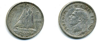 Канада 10 центов 1945 Георг VI (1937-1952), парусник KM 34 серебро 46-1253