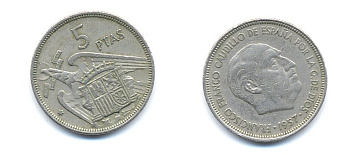 ИСПАНИЯ 5 ПЕСЕТ 1971 KM 786 медно-никель 54-1524