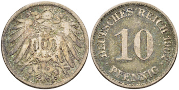 ГЕРМАНИЯ 10 ПФЕННИГОВ 1902 А KM 12, J. 13 медно-никель 4589-157