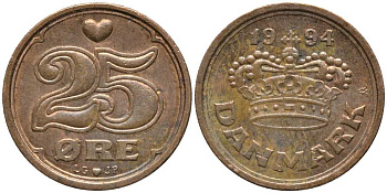 ДАНИЯ 25 ЭРЕ 1994 LG; JP; A, МАРГРЕТЕ II (1972-) KM 868.1 бронза 112-768