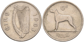 Ирландия 6 пенсов 1963 мрландский волкодав, собака KM 13а медно-никель 92-123