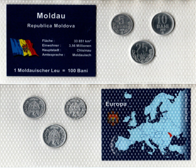 Молдавия (Молдова) набор из 3 монет (5, 10 и 25 бань (бани) 2006 и 2011 в красочной упаковке с информацией о стране KM 2, 3 и 7 алюминий UNC 2-6-3-87