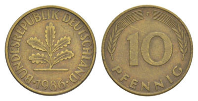 ФРГ 10 пфеннигов 1986 F KM 108, J. 383 сталь плакированная латунью 4627-114