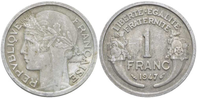 ФРАНЦИЯ 1 ФРАНК 1947 ТИП MORLON, LEGERE KM 885a.1, LE FRANC 221.11 алюминий 175-444