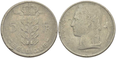 БЕЛЬГИЯ 5 ФРАНКОВ 1948 BELGIQUE, ЛЕОПОЛЬД III (1934-1950) KM 134.1 медно-никель 119-651
