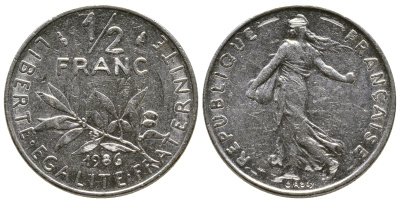 Франция 1/2 франка 1986 сеятель KM 931.1, Le Franc 198.25 никель 93-1427