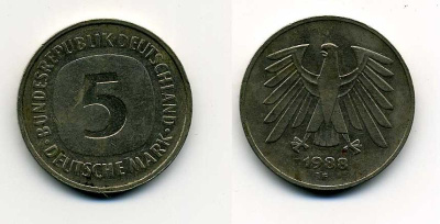 ФРГ 5 МАРОК 1988 F, KM 140.1, J. 415 медно-никель плакированный никелем 37-931