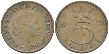 НИДЕРЛАНДЫ 5 ЦЕНТОВ 1974 ЮЛИАНА (1948-1980) KM 181 бронза 213-1126