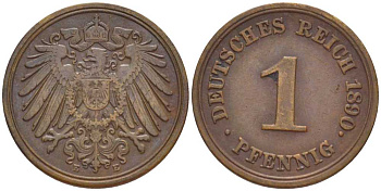 ГЕРМАНИЯ 1 ПФЕННИГ 1890 E KM 10, J. 10, Weege 2 медь 211-137