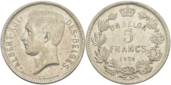 БЕЛЬГИЯ 5 ФРАНКОВ 1931 АЛЬБЕРТ I, DES BELGES KM 97.1 никель 3851-213