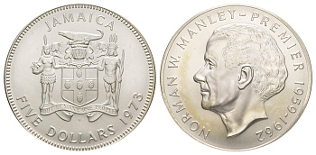 Ямайка 5 долларов 1973 Первый министр Ямайки - Норман Мэнли KM 59 серебро BU 1079-8-21