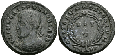 Римская Империя нуммий 320 - 321 Крисп в ранге цезаря VOT V Фессалоника Good Very fine (C3) RIC 125 бронза 1073-3-5-7