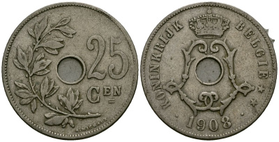 Бельгия 25 сантимов 1908 Belgie KM 63 медно-никель 4165-634