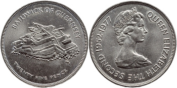 Гернси 25 пенсов 1977 25 лет правления Елизаветы II, крепость KM 31 медно-никель UNC 74-615