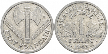 ФРАНЦИЯ 1 ФРАНК 1943 LB, ТИП LEGERE, ПРАВИТЕЛЬСТВО ВИШИ KM 902.1, LE FRANC 223.3 алюминий 4402-1024