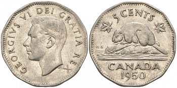 Канада 5 центов 1950 бобр, Георг VI (1937-1952) KM 42 никель 73-1336