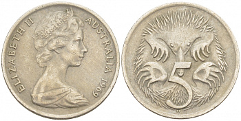 АВСТРАЛИЯ 5 ЦЕНТОВ 1969 ЕЛИЗАВЕТА II, МОЛОДОЙ ПОРТРЕТ, ЕХИДНА KM 64 медно-никель 3851-1123