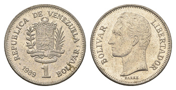 Венесуэла 1 боливар 1989 Симон Боливар, тонкий шрифт Y 52a.1 сталь плакированная никелем 4662-835