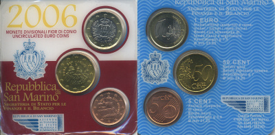 Сан-Марино официальный набор из 3 монет 2006 5 евроцентов, 50 евроцентов, 1 евро, в пластиковой запайке UNC 1-4-2-28