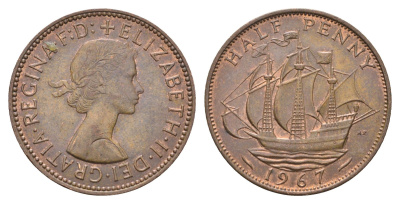 Великобритания 1/2 пенни 1967 Елизавета II (1952-2022) KM 896, Spink 4158 бронза 4663-125
