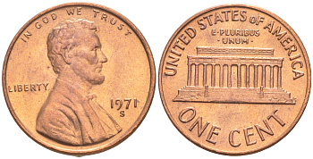 США 1 ЦЕНТ 1971 S, ЛИНКОЛЬН KM 201 медь цинк UNC 187-613