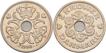 ДАНИЯ 5 КРОН 1990 LG; JP; A, МАРГРЕТЕ II (1972-) KM 869.1 медно-никель 75-345