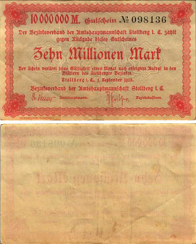 ШТОЛЬБЕРГ 10000000 МАРОК 1923 НОТГЕЛЬД, 1 СЕНТЯБРЯ 1923, ЗЕМЛЯ САКСОНИЯ-АНХАЛЬТ бумага 6318-32-2-2