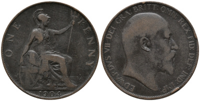 Великобритания 1 пенни 1904 Эдуард VII (1901-1910) KM 794.2, Spink 3990 бронза 32-831