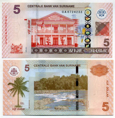 Суринам 5 долларов 2012 здание Центрального банка, Gran Rio Sula Pick 162 b бумага UNC (пресс) 449-39-3