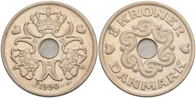 ДАНИЯ 5 КРОН 1990 LG; JP; A, МАРГРЕТЕ II (1972-) KM 869.1 медно-никель 75-345