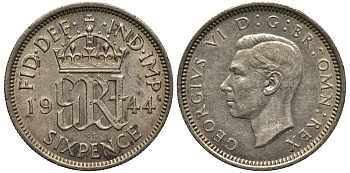 Великобритания 6 пенсов 1944 Георг VI (1936-1952) KM 852, Spink 4084 серебро 4538-534