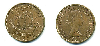 Великобритания 1/2 пенни 1967 Елизавета II (1952-2022) KM 896, Spink 4158 бронза 54-2157