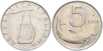 Италия 5 лир 1998 R, дельфин KM 92 алюминий  UNC  4594-1027