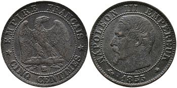 Франция 5 сантимов 1855 BB, Наполеон III (1852-1870) KM 777.3, LE FRANC 116.21 бронза 28-912