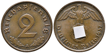 ГЕРМАНИЯ 2 РЕЙХСПФЕННИГА 1937 A KM 90, J. 362 бронза 24-747