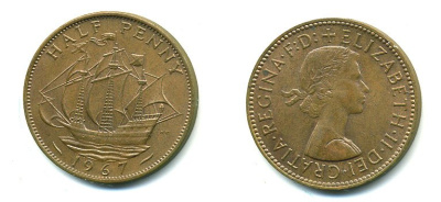 Великобритания 1/2 пенни 1967 Елизавета II (1952-2022) KM 896, Spink 4158 бронза 54-2157