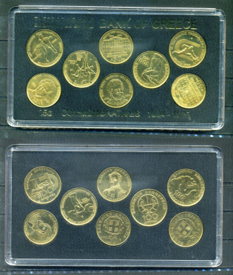 Греция набор из 8 монет (50 и 100 драхм) 1994-1999 в оригинальной упаковке (35a). 150 лет Конституции, Деметриос Калергис, Яннис Макрияннис, 200 лет со дня смерти Ригаса Фереоса, 200 лет со дня рождения Дионисиоса Соломоса, VI Чемпионат мира по лёгкой атл