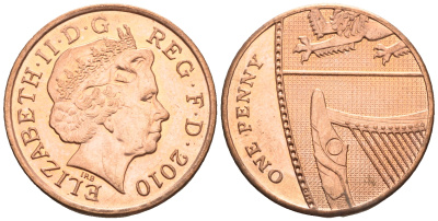 Великобритания 1 пенни 2010 Елизавета II (1952-2022) KM 1107, Spink B6 сталь плакированная медью 4609-715