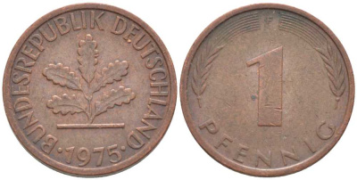 ФРГ 1 ПФЕННИГ 1975 F KM 105, J. 380 сталь плакированная медью 116-364
