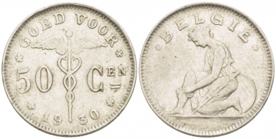 БЕЛЬГИЯ 50 САНТИМОВ 1930/20 BELGIE KM 88 никель 3996-1222