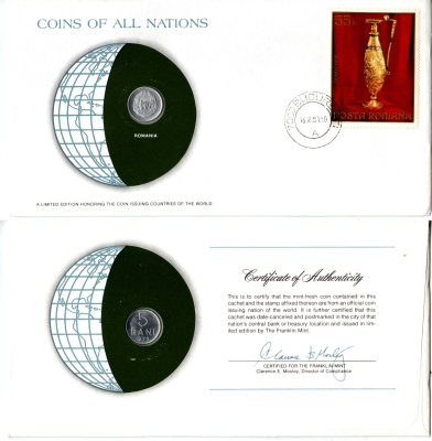 Румыния 5 бань (бани) 1975 конверт с маркой первого дня гашения, Coins of Nations KM 92a алюминий UNC 4295-24-2