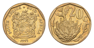 ЮАР 20 центов 1995 герб, цветок протея KM 136 сталь плакированная бронзой UNC 4694-842