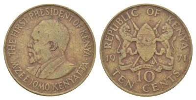 Кения 10 центов 1971 Джомо Кениата KM 11 никель латунь 4692-1035