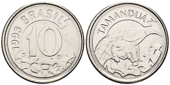 Бразилия 10 крузейро реал 1993 муравьед KM 628 нержавеющая сталь 87-554
